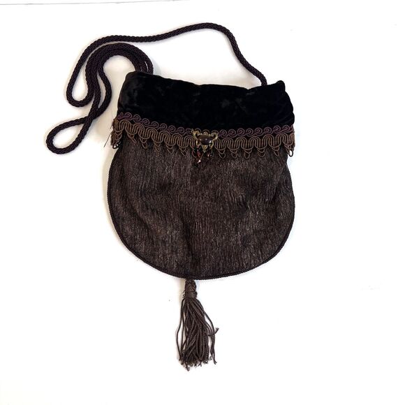 Lisa Violetto VTG Brown Velvet Drawstring Evening Cocktail Bag Regency Victorian - Picture 1 of 9